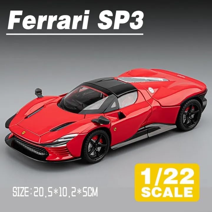 Image of WORSHIPER 1:22 Ferrari Daytona SP3 Diecast Model Car with Light & Sound, Openable Doors, Hood & Trunk, Removable Roof, Alloy Metal Sports Car Toy for Kids (1:22 Ferrari Daytona SP3-Red)