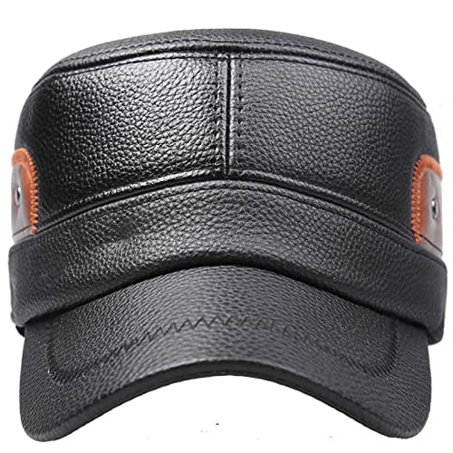 Classic Men's Winter Leather Peaked Cap,Snow Warm Baseball Cap,Adjustable Military Cadet Army Flat Top Hat With Earflap (Black And Brown) #TOP2