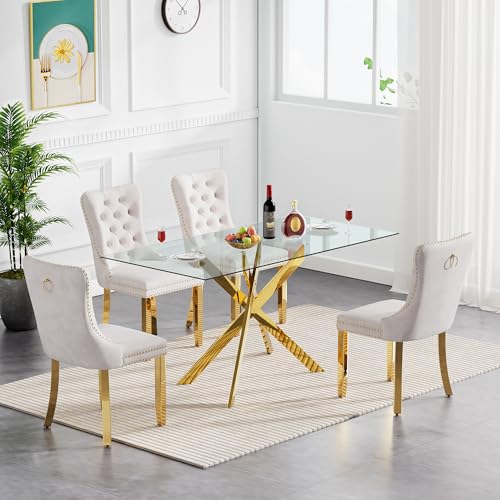 51" Modern Gold Glass Dining Room Table Set for 4, 5-Piece Rectan...