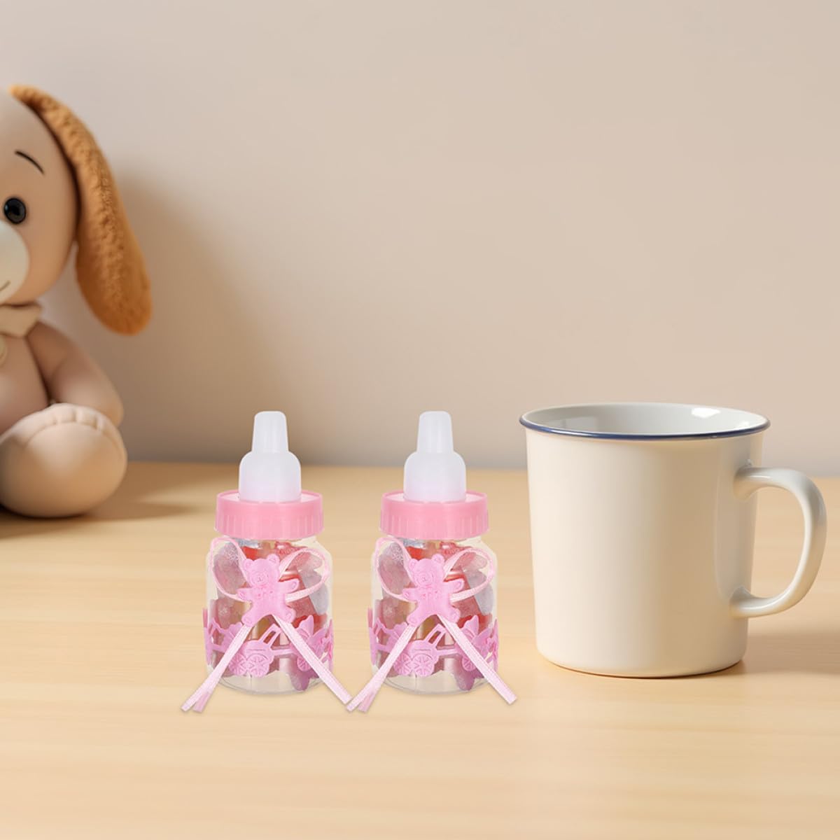 24pcs Shower Candy Jars with Ribbon, Refillable Milk Bottle Candy Boxes for Birthday Party Favors, Pink and Blue Feeding Bottle Containers for Newborn