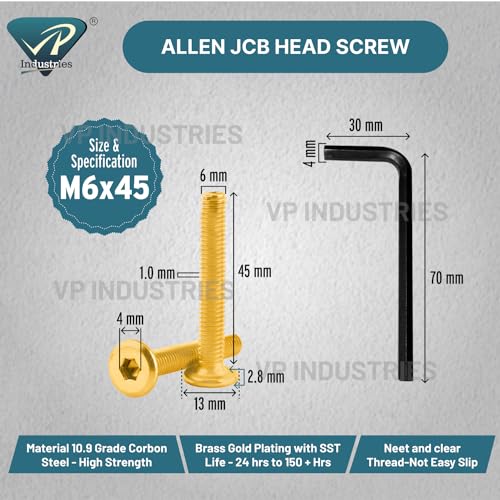 Image of Rely⇒VP INDUSTRIES (Pcs-25) M6x45 mm JCB Allen Head Furniture Screw Fastener Bolts | Furniture Bolt Crib Bunk Bed Furniture Cot, Barrel Bolt | Allen JCB Screw High Tensile Alloy Steel 10.9 Grad