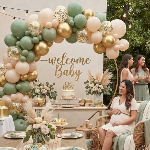 Image of 65PCS Sage Green Gold Balloons Kit for Baby Shower Party Decorations | 65pcs 12-Inch Sage Green, Gold, Ivory and Confetti Balloons for Elegant Baby Showers, Birthdays, Weddings and Parties