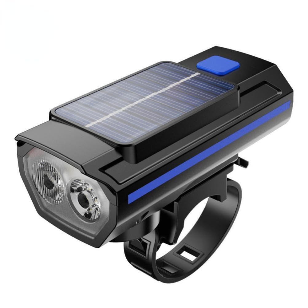 anso Solar Powered LED Bicycle Headlight TYPE-C USB Rechargeable Bike Head Light Front Lamps with Horn (Blue)