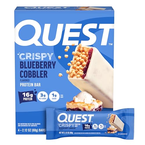Image of Quest Nutrition Crispy Blueberry Cobbler Hero Protein Bar, 16g Protein, 1g Sugar, 3g Net Carb, Gluten Free Protein Snack, Keto Friendly, 4 Count