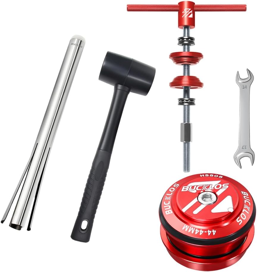 BUCKLOS Bike Headset Cup Removal Tool with Rubber Hammer for -1/8, 1-1/4, 1-1/2 inch for Repair & Headset,Bottom Bracket, Bearing Press-in Tool & 1-1/8 Bike Headset Threadless 44-44mm Red
