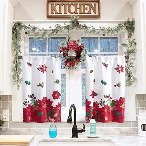 24 Inch Length Curtains for Small Window,Blackout Thermal Kitchen Tier Curtain Set 2 Pack,Cafe Neutral Christmas Vintage Farmhouse Buffalo Plaid Check Poinsettia Floral Curtain for RV Basement,Red