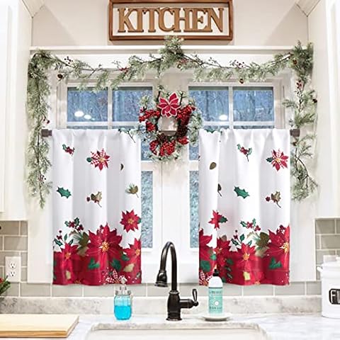 Christmas Flower Curtains for Kitchen 24 Inch Length 2 Panels Cover
