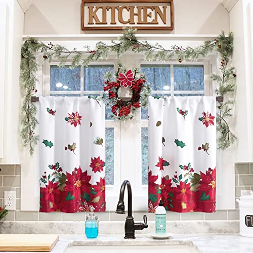 24 Inch Length Curtains For Small Window,Blackout Thermal Kitchen Tier Curtain Set 2 Pack,Cafe Neutral Christmas Vintage Farmhouse Buffalo Plaid Check Poinsettia Floral Curtain For Rv Basement,Red #TOP14