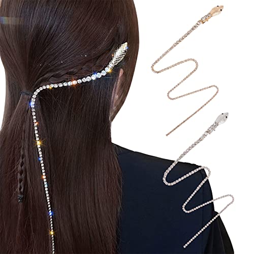NICENEEDED 2Pcs Full Rhinestones Snake Hair Chains, Punk Crystal Tassel Hair Clip Chains, 20 Inch Long Rhinestone Decorative Hairpin Headpiece for Women Halloween