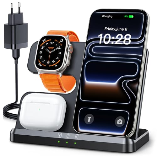 JARGOU 3 in 1 Kabellose Ladestation für Apple, Induktive Ladestation für iPhone 17 Pro Max 16 15 14-8, Wireless Charger für Apple Watch 11/Ultra 3/10/9/8/7/6 & AirPods Pro 4 3 2 - Ohne Kabelchaos