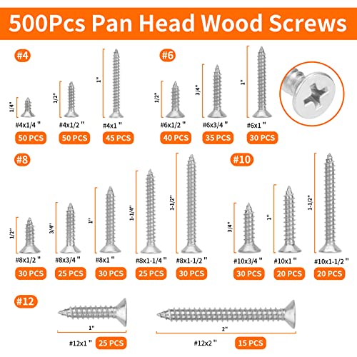 500Pcs Stainless Steel Wood Screws Set, 4#6#8#10#12 Phillips Flat Head Wood Screws Assortment Fasteners Kit, Self Tapping Screws Assortment Kit, Length 1/4" To 2" #TOP1