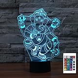 FLRXHK Ganesha 3D Illusion Night Light Touch Table Desk Lamp with Remote Control 16 Colors Optical USB LED Night Light for Kids Gift Room Decoration