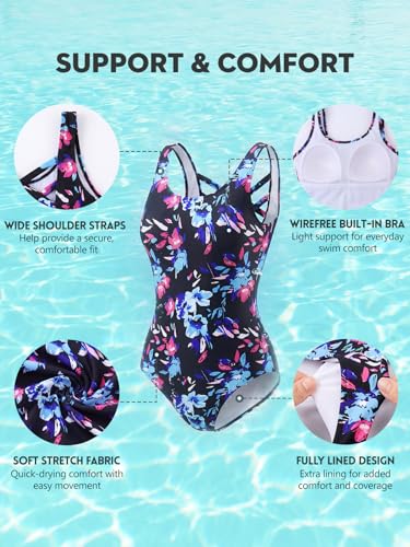 Image of American Trends Athletic One Piece Swimsuits for Women Modest Bathing Suits Criss Cross Back Water Aerobics Swimwear