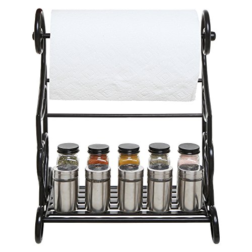 Mygift Black Metal Paper Towel Holder Stand And Slatted Condiment Shelf Rack With Decorative Scrollwork Design #TOP1