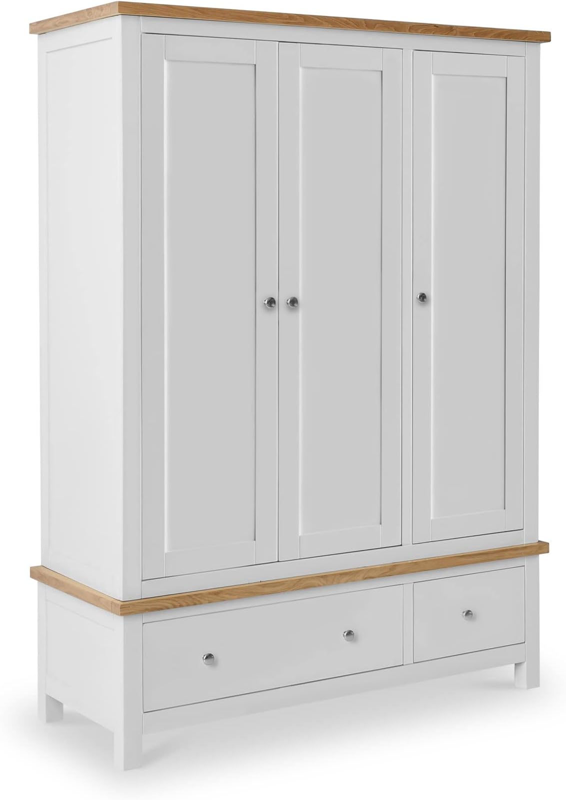 Farro Grey Triple 3 Door Wardrobe for Bedroom with Drawers & Oak Top | Large Contemporary Painted Solid Wood Closet Storage Solutions Unit with Hanging Rail