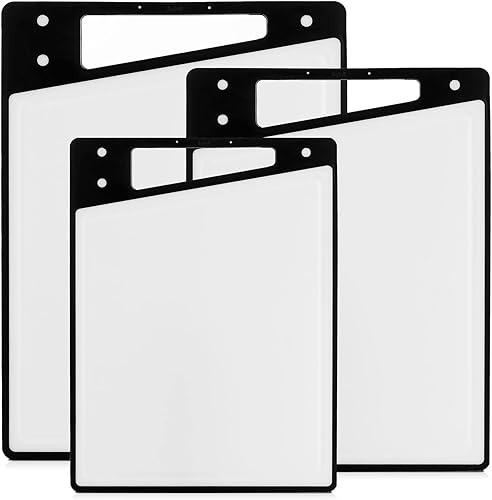 JoyJolt Juego de tablas de cortar de plástico tablas de cortar grises y negras para cocina aptas para lavavajillas con asa Juego de tablas de cortar