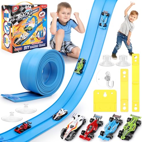 Flexible Race Car Track - 15 Ft Rolls Up Car Ramp Track Toy with Suction Cups, Diecast 1/64th Cars Model, Flex Race Portable Racetrack for Boys Girls