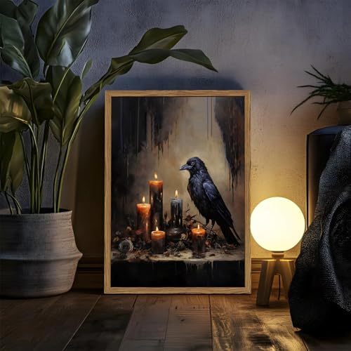 Framed Vintage Halloween Black Raven Canvas Wall Art, Gothic Dark Academia Crow Pictures Wall Decor, Spooky Moody Candlelight Paintings Prints for Living Room Bedroom Bathroom Dorm 16x24 inch by Hwetui - Used condition - Image 2