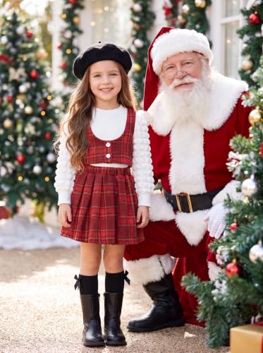 Image of Toddler Girls Fall Winter Outfits Girls Puff Sleeve Knit Ribbed Tops Button Down Vest Plaid Skirt Set Fall Clothes