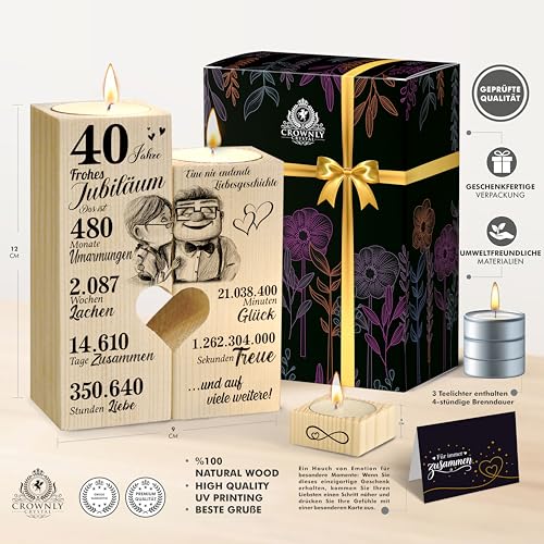 CROWNLY® Rubinhochzeit Geschenke – 40. Hochzeitstag Geschenke für Paare, Holz Teelichthalter 3er Set mit Geschenkbox, Jahrestag Geschenk für Ihn und Sie, 40 Jahre Jubiläum Kerzenhalter Deko