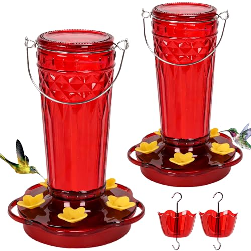 Zamelane Hummingbird Feeder 2pack-14Ounces，5 Feeding Ports Glass Hummingbird feeders for Outdoors,Wide Mouth for Easy Filling/Cleaning，Hanging for Garden Backyard Decor, Includes Ant Moat (Red)