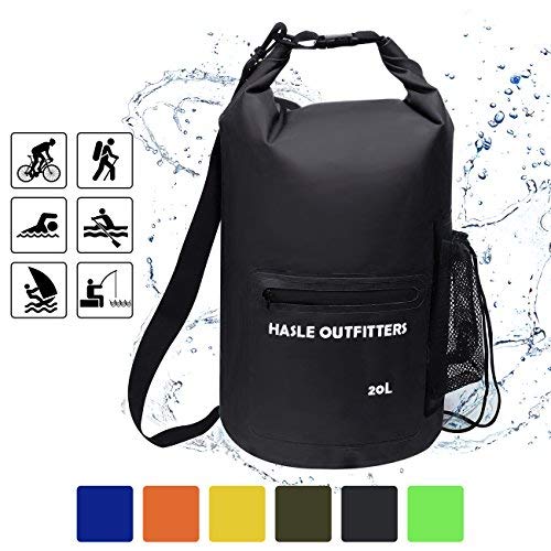 Waterproof Dry Bag-10L/20L/30L Roll Top Compression Sack with shoulder straps and Front Zippered Pocket Keeps Gear Dry for Boating, Camping, Kayaking, Fishing,Swimming and Hiking Black/20L