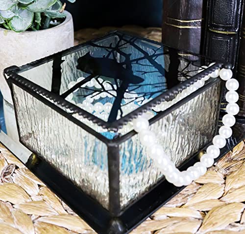Ebros Gift Gothic Silhouette Raven Crow On Tree Branch Frosted Glass Decorative Jewelry Box 4" Wide Edgar Poe Nevermore Ravens Crows Stash Trinket Secret Box #TOP7
