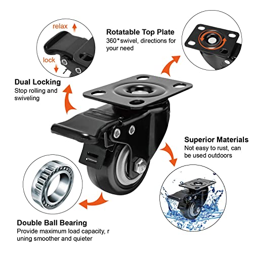 Image of 2 inch Caster Wheels Heavy Duty Casters Set of 4 Locking Swivel Casters with Brake Double Ball Bearing No Noise Non Marking Top Plate Castor Wheels for Cart Furniture Workbench