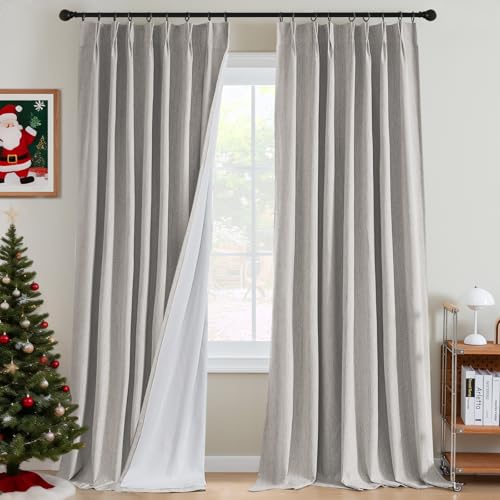 H.VERSAILTEX Pinch Pleated Full Blackout Curtains Linen Blended Chenille Blackout Curtains 84 inch Length 2 Panels Bedroom Thermal Insulated Farmhouse Neutral Track Drapes with Hooks, Heather Cloud by H.VERSAILTEX - Used condition - CA$26.11
