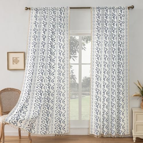Image of Boho Curtains 84 Inch Long for Living Room, Bedroom, 2 Panels Floral Farmhouse Vintage Tassel Semi Sheer Light Filtering Privacy Window Curtain Drapes with Rod Pocket, Navy