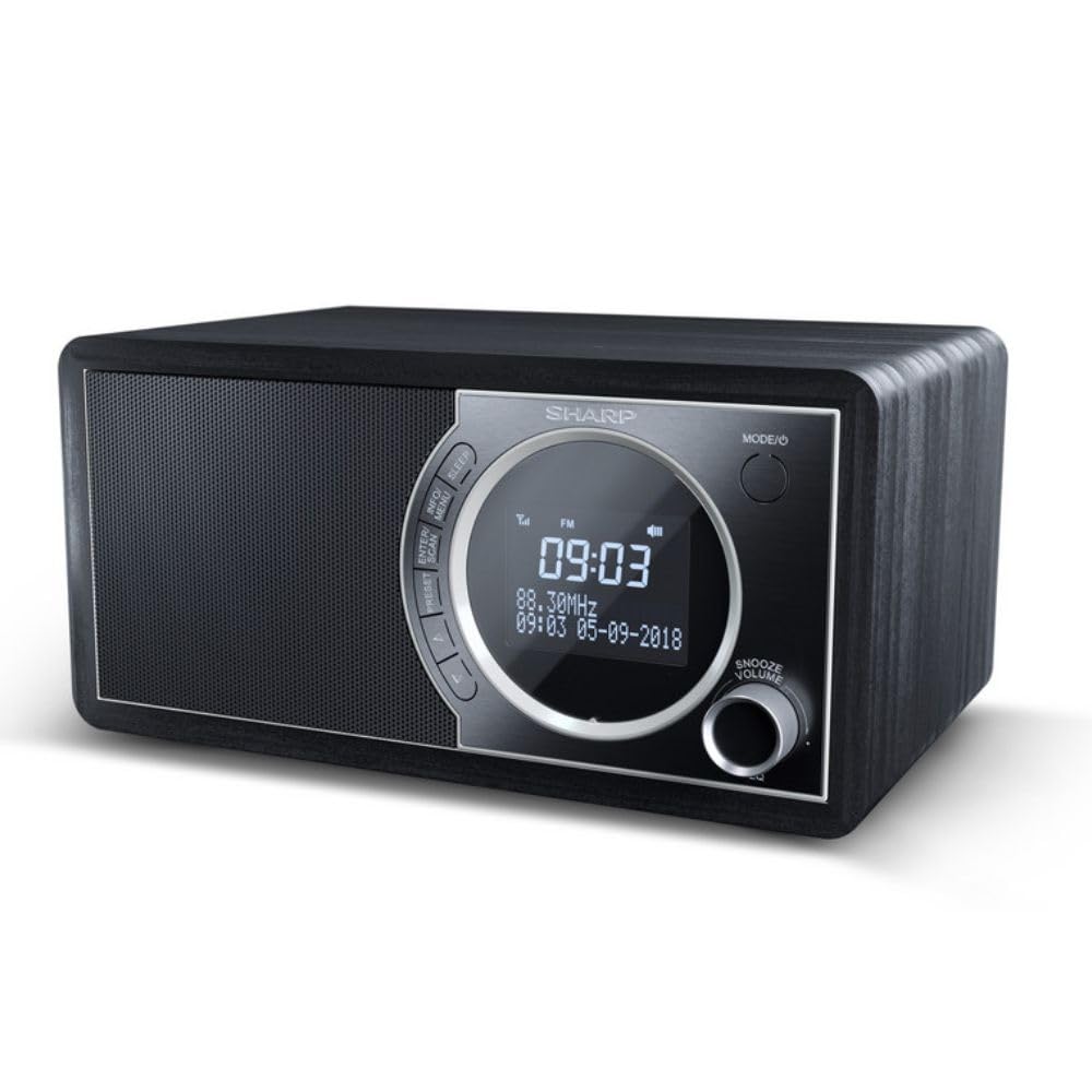 SHARP DR-450(BK) Digitalradio mit DAB/DAB+/UKW, Bluetooth 4.2, 20 Senderspeichern, Wecker & Schlummerfunktion, Holzgehäuse und LCD-Display – in Schwarz