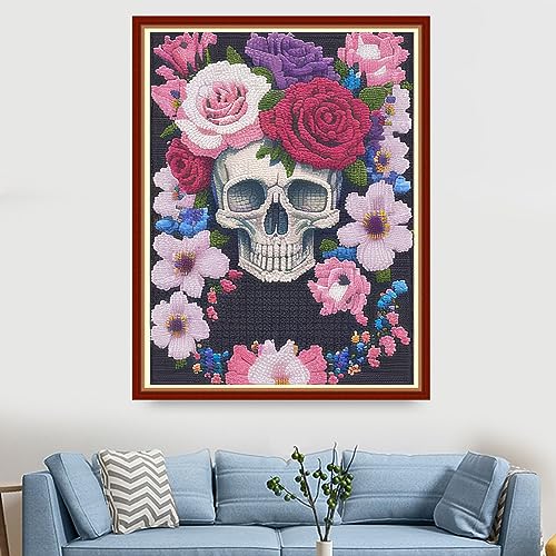 Image of Findvoor Stamped Cross Stitch Kits for Beginners Full Range of Cross Stitching Embroidery Pattern for Adults, 11CT DIY Needlepoint Embroidery Starter Kits-Flower Skeleton 15.7x19.7 inch