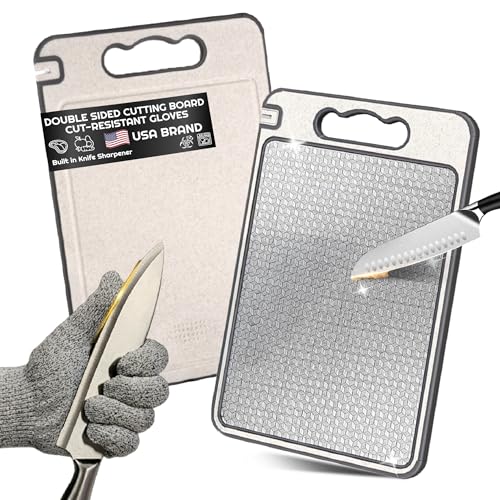 PRIMSI | 2 Sided Cutting Board & Gloves | Non Toxic Chopping Board | 14.3in*9.8in*0.4in | Stainless Steel Cutting Boards For Kitchen | Ceramic Sharpener & Grinder For Garlic | Best Cutting Board