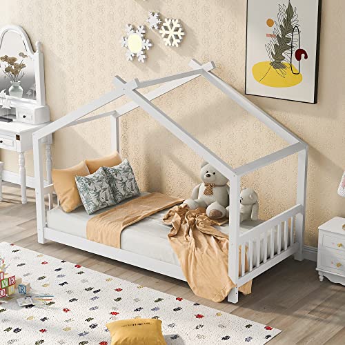 INLIFE House Platform Bed with Headboard and Footboard Roof Design-White INLIFE House Platform Bed with Headboard and Footboard Roof Design-White