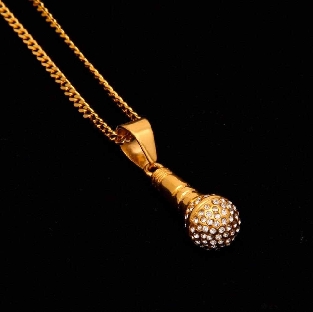 Rock Punk Mini Mikrofon Naszyjnik i Wisiorek Mężczyźni/Kobiety Ze Stali Nierdzewnej Złoty kolor Rhinestone Hip Hop Naszyjnik