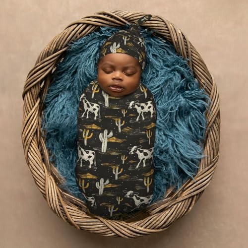 Image of Western Cow and Cactus Newborn Swaddle Blankets Hat Sets Soft Baby Receiving Blanket Swaddle Sack for Baby Shower Infant Boy Girl Gift