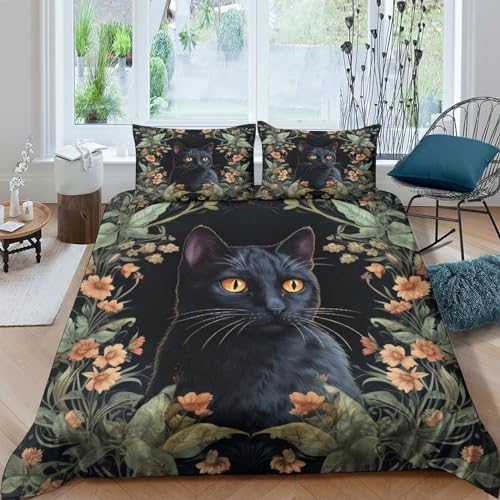 Housse de couette chat imprimé 3D fleurs parure de lit microfibre douce King - 2