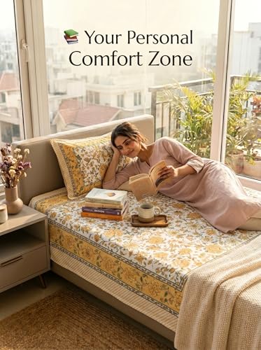 Image of Mafatlal 144 TC Heritage High Thread Count 100% Cotton Handcrafted Premium Spring Bedsheet (90x60 Inch) - Traditional Jaipuri Rajasthani Hand Block Printed Bed-Sheet with Pillow Cover | Lemon Yellow