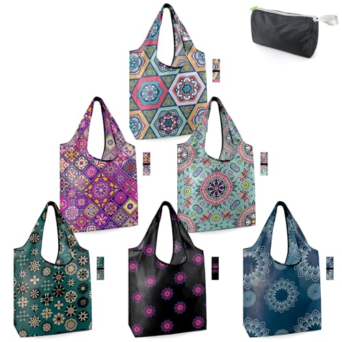 BeeGreen Boho Gifts for Women Geometric Reusable Grocery Bags Mandala Shopping Bags Bulk 6 Pack 50LBS X-Large Foldable-Machine Washable-Heavy Duty Mandana Yoga Gifts