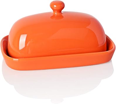Sweejar Ceramic Butter Dish with Lid for Countertop,Porcelain Butter Keeper with Knob Handle,Butter Container for East/West Coast Butter( Orange and Grey)