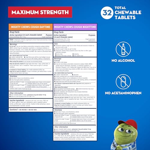 Mucinex Children's Mighty Chews Kids Cough Medicine Daytime And Nighttime Value Pack, Easy to Dose Cough Suppressant For Kids with Dextromethorphan, Mixed Berry Flavor, 32 Medicated Chewable Tablets - image 5