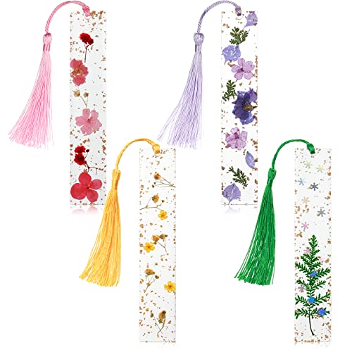4 Pieces Dried Flower Resin Bookmarks Handmade Transparent Floral Dried Flower Page Marker with Colorful Silky Tassel for Women Girls Adults Kids Graduation (Pink, Light Purple, Golden, Green)