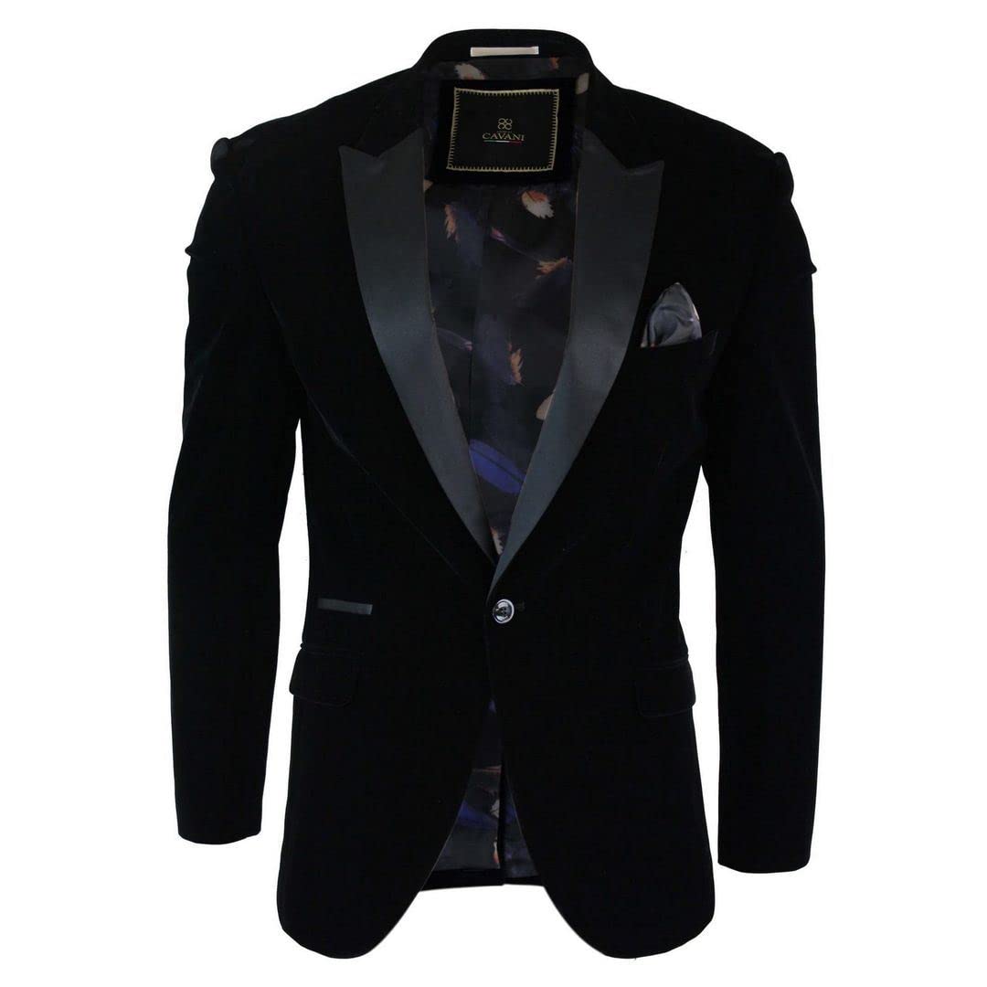 Cavani Men's Black Soft Velvet Navy 1 Button Dinner Jacket Tuxedo Blazer Smart Casual Fit