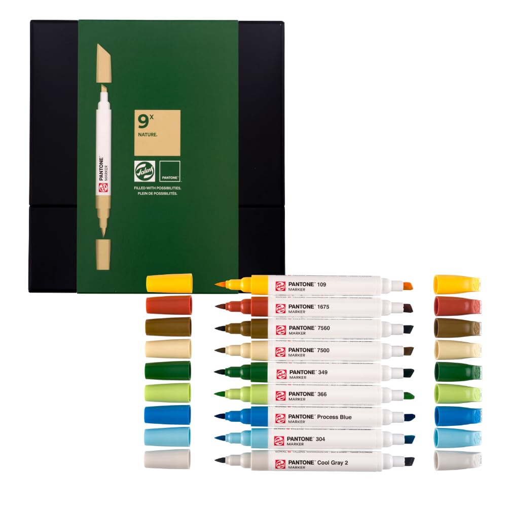 Pantone Set 9 Marcatori Nature Penna Doppia Punta Pennello Scalpello Inchiostro Pigmentato Base Acqua
