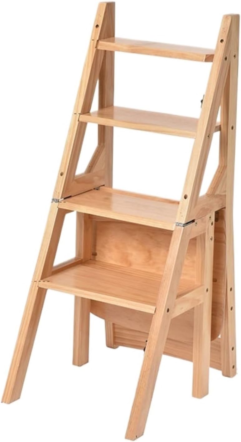 Attic Stairs Wooden Folding Ladder Chair 3-in-1 Multifunctional Step Stool for Home Storage and Display, for Indoor Use(Natural Wood)
