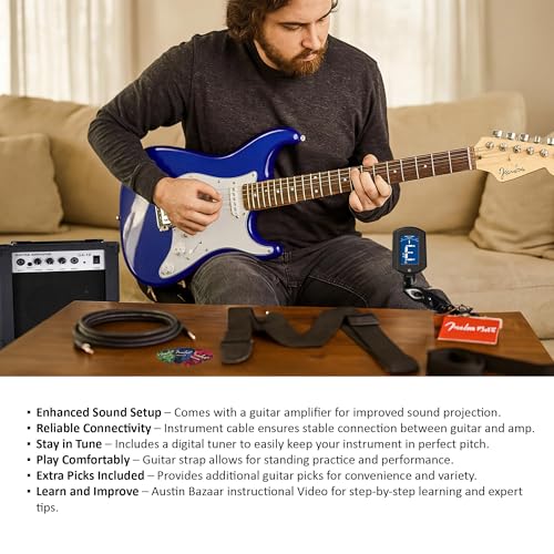 fender squier 34-size kids mini strat electric guitar - blue bundle with amplifier cable tuner strap picks online lessons and austin bazaar instructional dvd