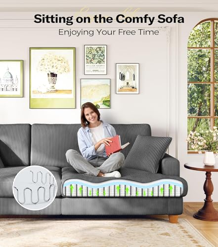 Image of Kidirect 87in Corduroy Couch, Sofa No Tool Assembly, Comfy Couches for Living Room 21in Deeper Seats, Corduroy Sofas for Living Room with 2 Pillows, Oversized Loveseat Sofa, Boho Love Seat Grey Couch