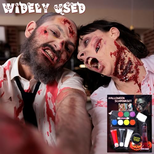Halloween Schminke Set - Kunstblut Halloween Make Up Erwachsene Kinder, Narben Wunden Theaterschminke Vampir mit Blut+Face Paint(Schwarz, Weiß, Rot) + Narbenwachs+ Latexmilch+Palette mit 8 Farben