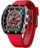 FORSINING Men Stylish Tonneau Quartz Sport Watch, Chronograph/Stopwatch with Date Display, Silicone Strap Waterproof Barrel-Shaped Wristwatch 6 Sporty Colors, Red