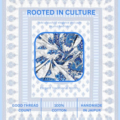 Image of JAIPUR PRINTS 100% Cotton Bedsheet for Double Size Bed bedsheets Rajasthani Jaipuri Printed Double Size Bedsheet with 2 Pillow Cover / 90x100 inch / 235x215 cm / (Blue & White)